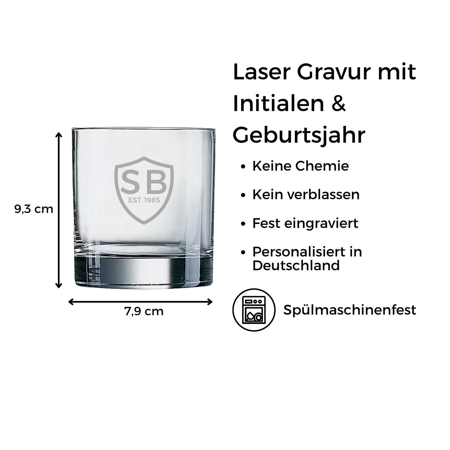Whiskyglas mit Gravur – Initialen & Geburtsjahr im Schild-Design