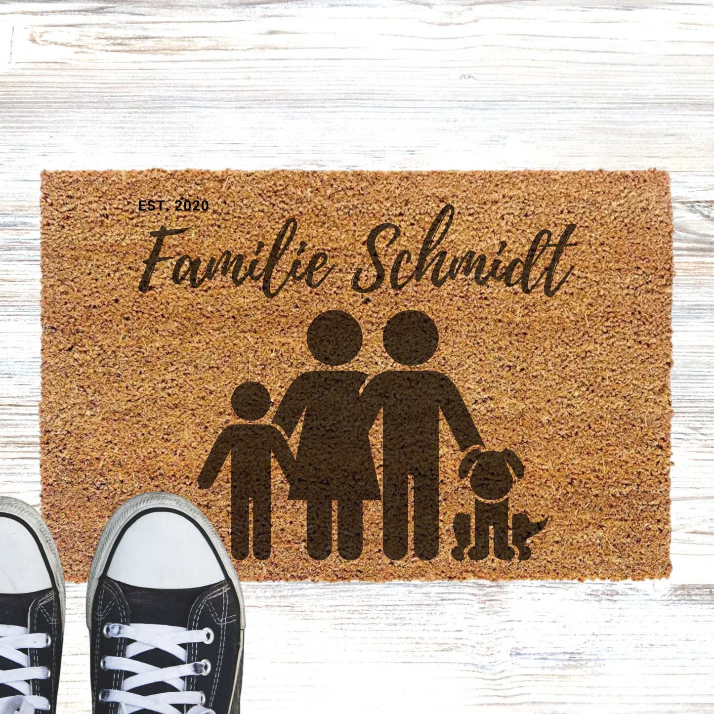 Personalisierte Kokos Fußmatte Familie mit Hund