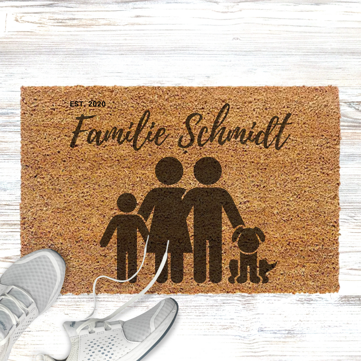 Personalisierte Kokos Fußmatte Familie mit Hund