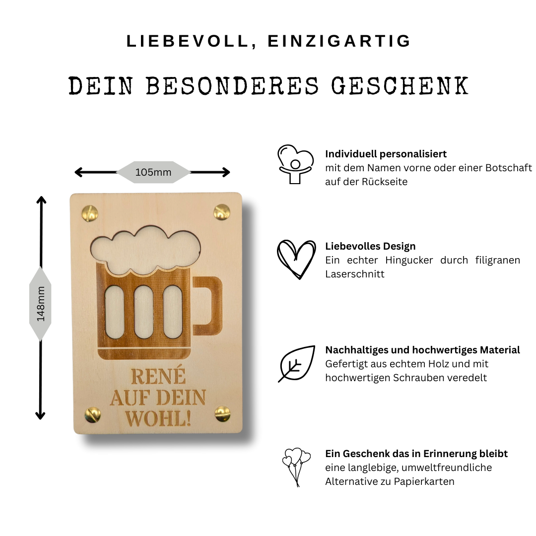Personalisierte Geschenkkarte aus Holz mit Bier-Motiv – Gutschein oder Geldgeschenk für Männer – Geburtstag, Vatertag, Feier