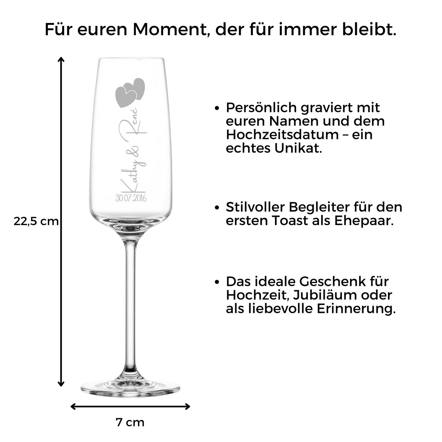 Sektglas mit Gravur – Vertikal mit Namen, Hochzeitsdatum & Herzen