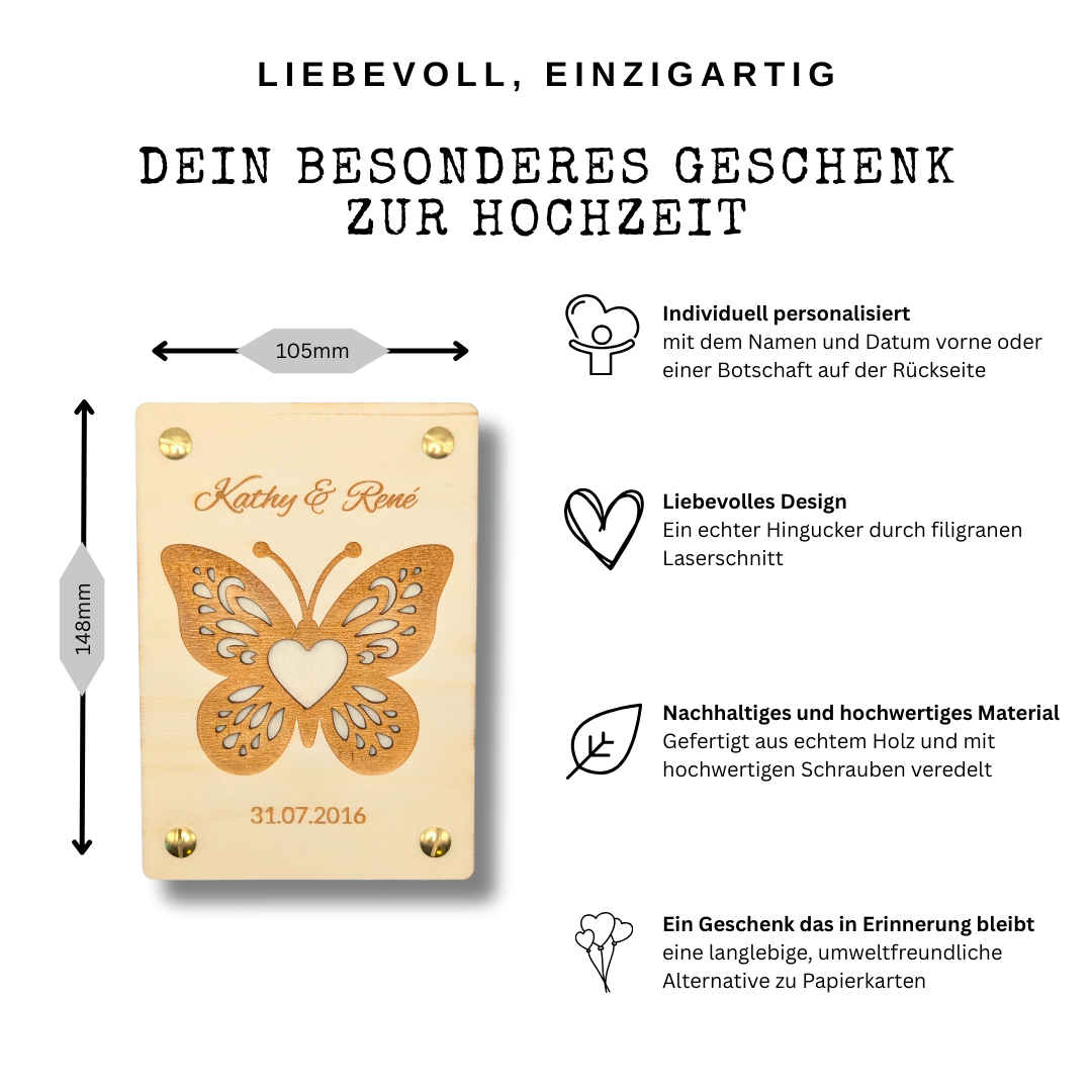 Personalisierte Holzkarte mit Schmetterling mit Herz – Gravur von Namen & Datum – Geschenk zur Hochzeit, Jahrestag, Valentinstag