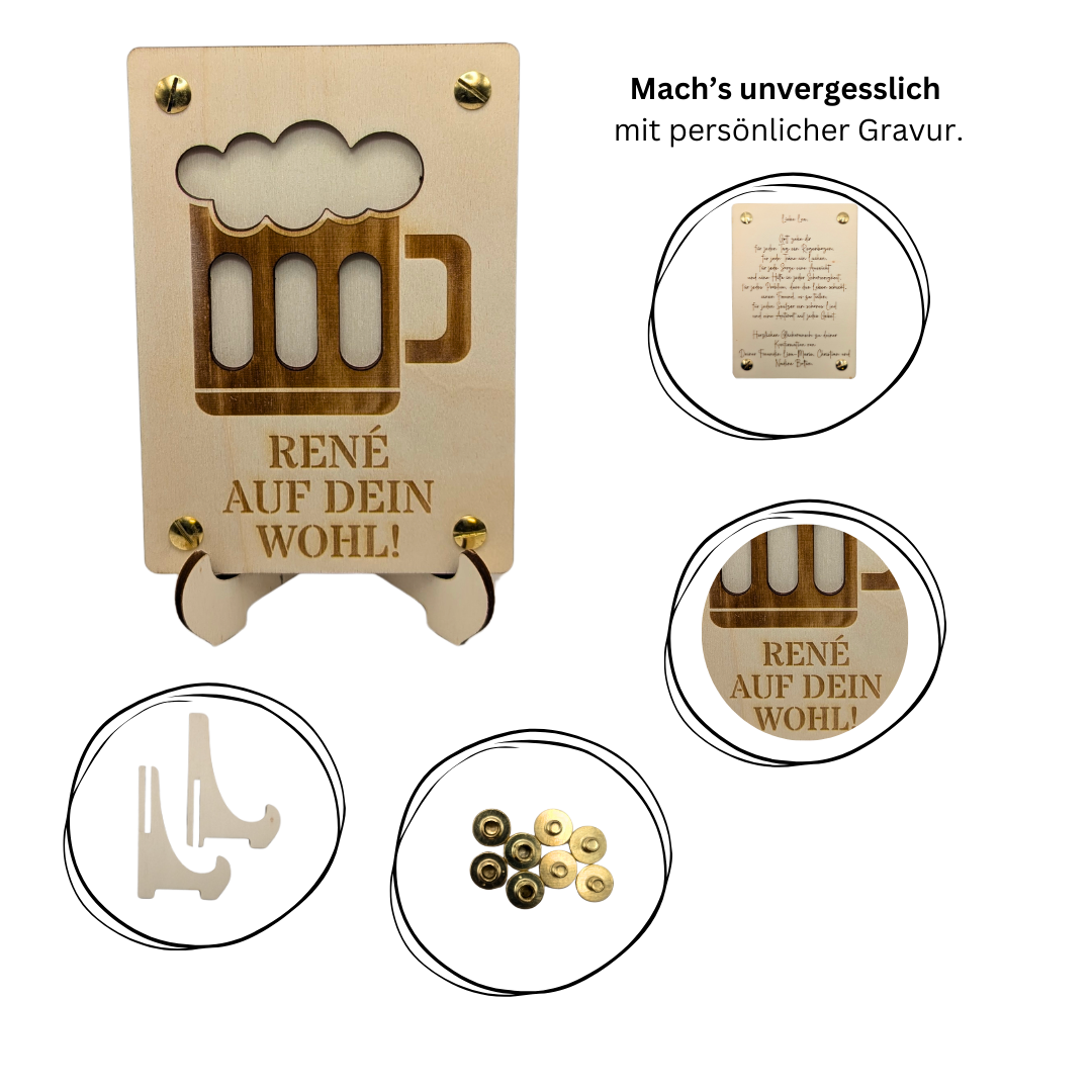 Personalisierte Geschenkkarte aus Holz mit Bier-Motiv – Gutschein oder Geldgeschenk für Männer – Geburtstag, Vatertag, Feier