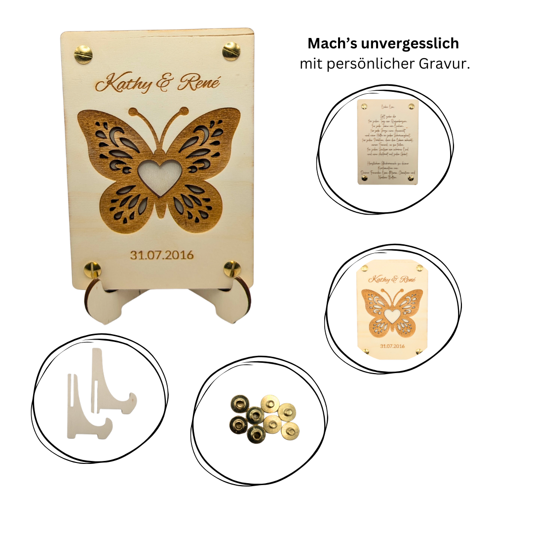 Personalisierte Holzkarte mit Schmetterling mit Herz – Gravur von Namen & Datum – Geschenk zur Hochzeit, Jahrestag, Valentinstag