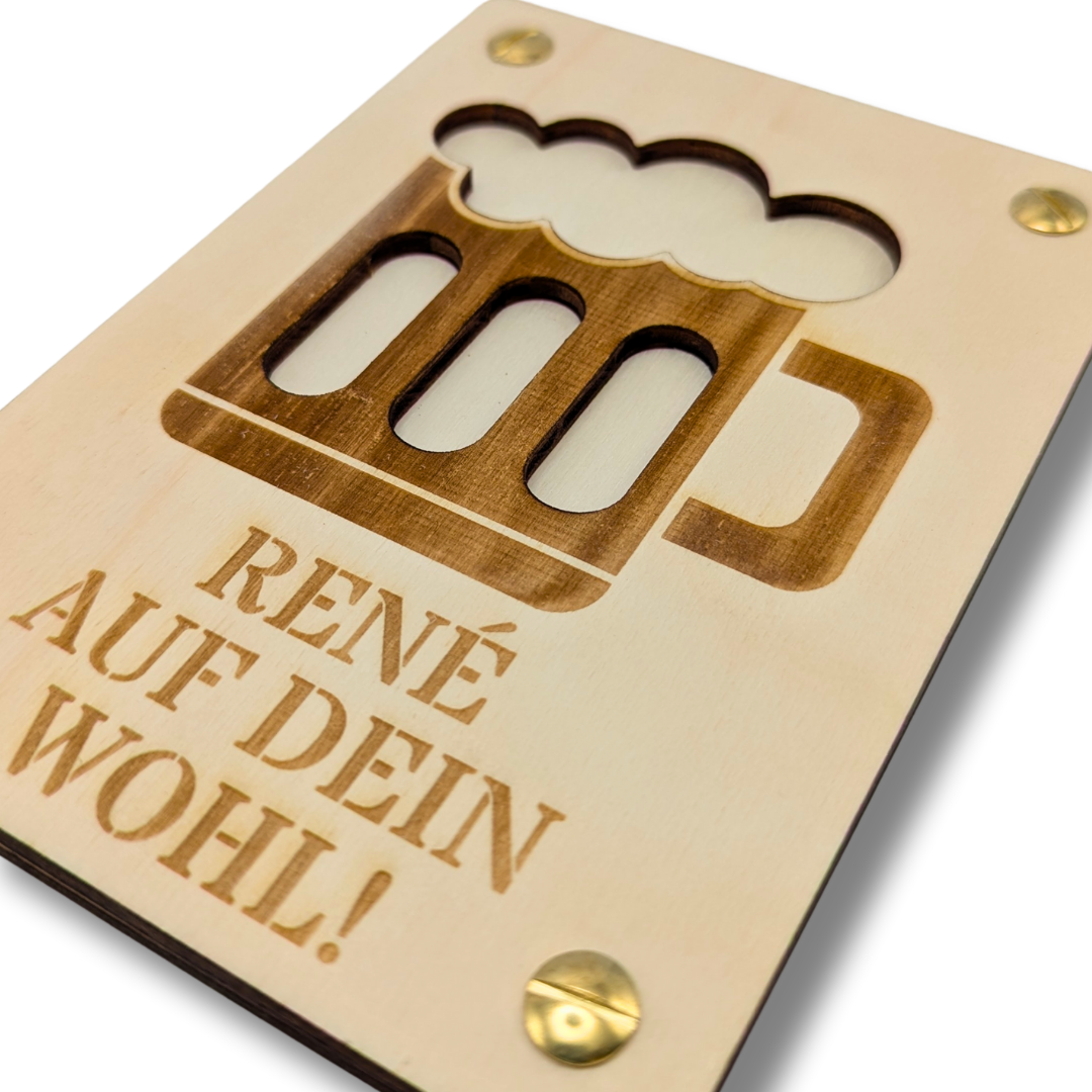 Personalisierte Geschenkkarte aus Holz mit Bier-Motiv – Gutschein oder Geldgeschenk für Männer – Geburtstag, Vatertag, Feier