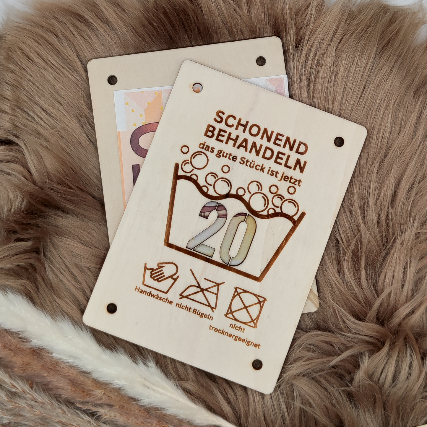 Lustige Holz-Geburtstagskarte – "Schonend Behandeln"