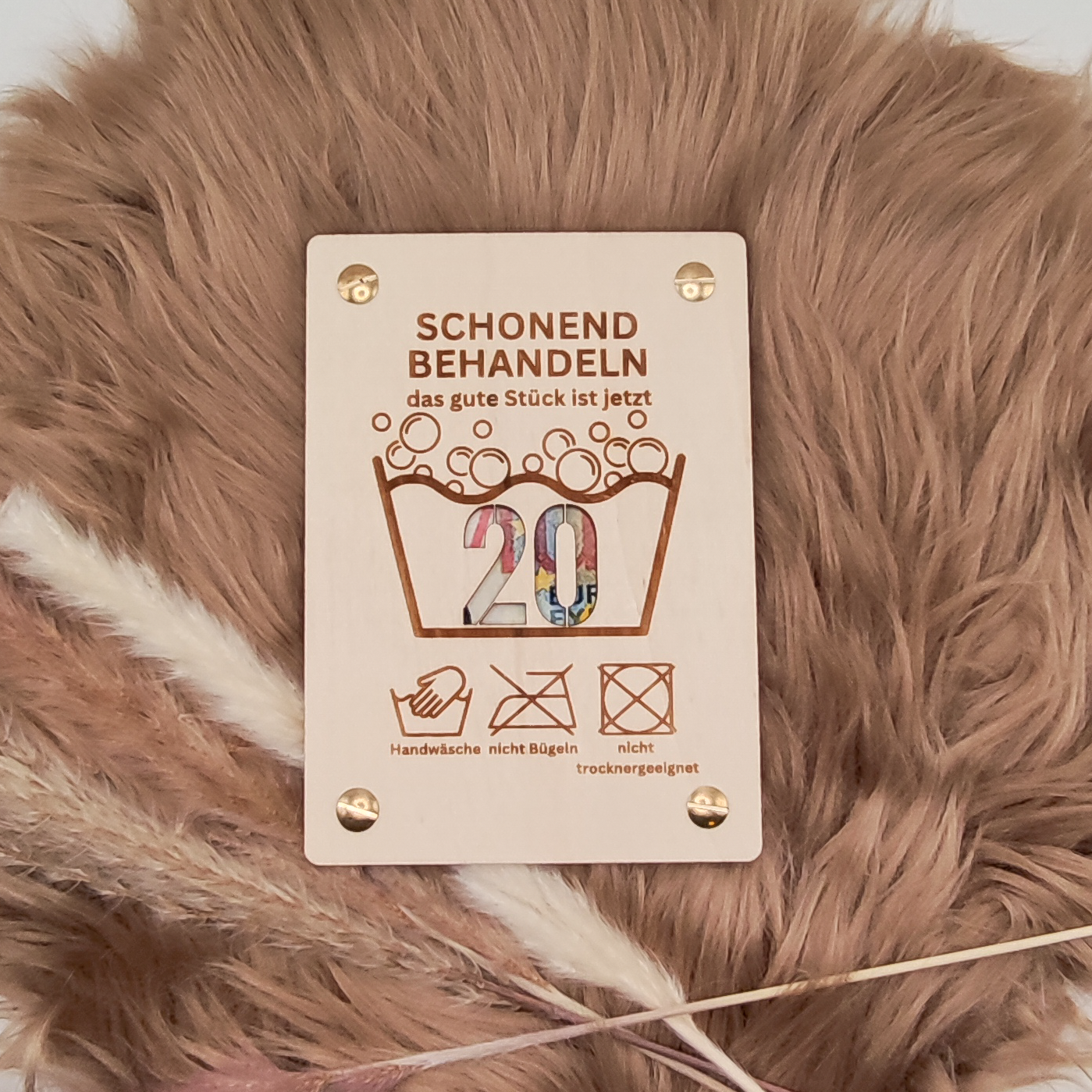 Lustige Holz-Geburtstagskarte – "Schonend Behandeln"