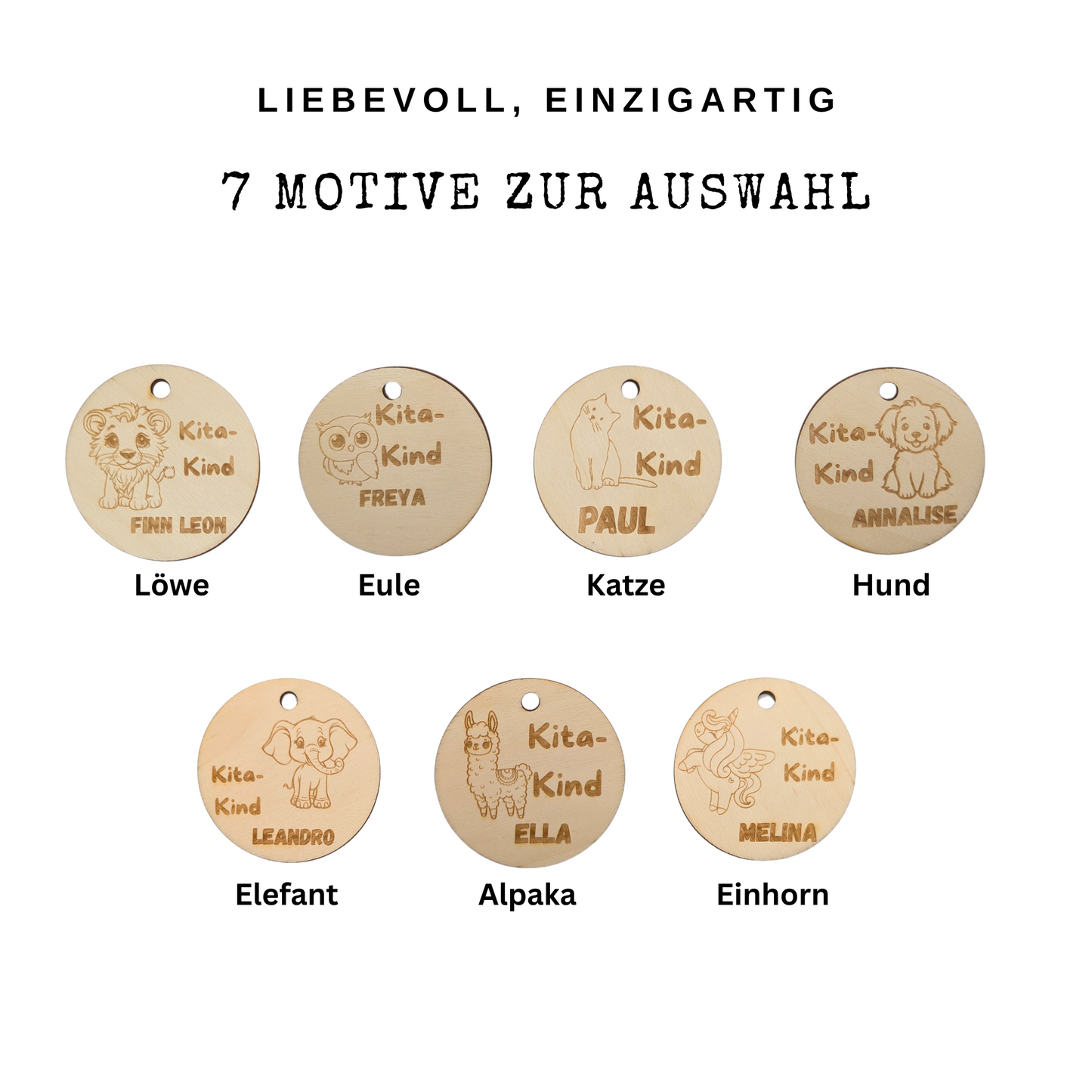 Übersicht aller 7 Tiermotive zur Auswahl für personalisierte Kita Rucksackanhänger