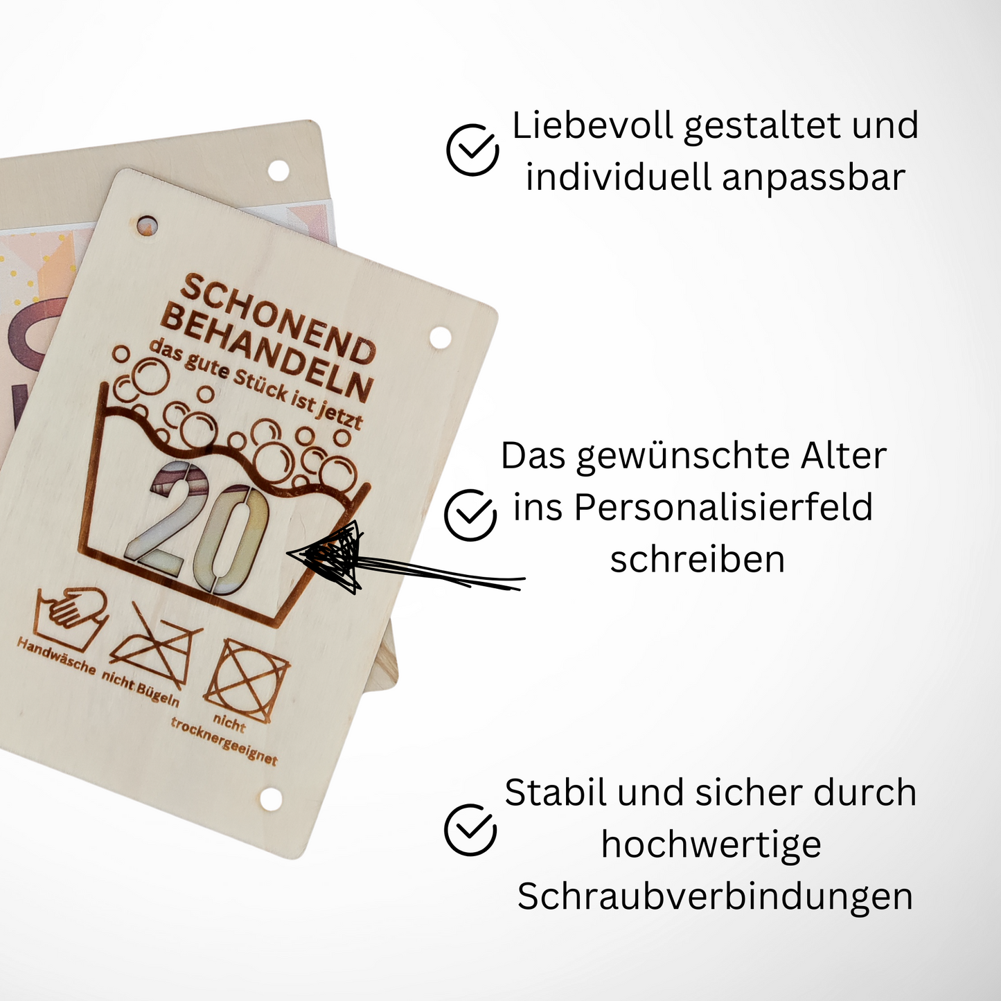 Lustige Holz-Geburtstagskarte – "Schonend Behandeln"