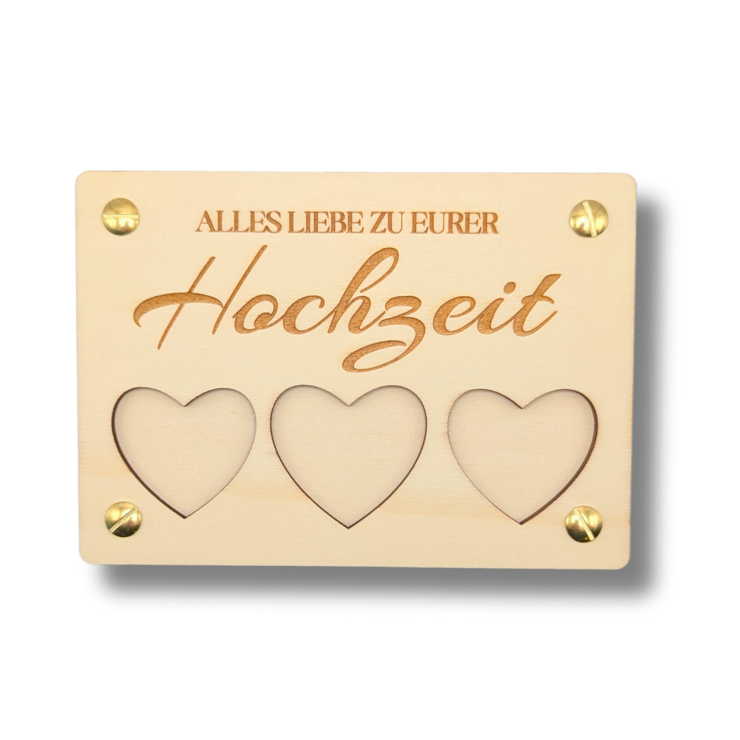Personalisierte Hochzeitskarte aus Holz mit Herz-Design – Geldgeschenk oder Gutschein stilvoll verpackt – Geschenk zur Hochzeit