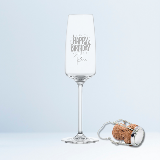 Geburtstags-Sektglas mit Gravur – Happy Birthday Design mit Name