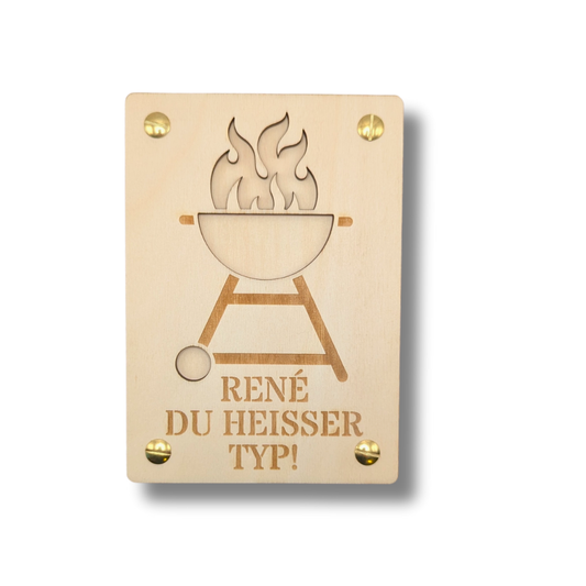 Personalisierte Grillkarte aus Holz – „Du heißer Typ!“ – Geldgeschenk für Männer, Grillfans, Vatertag oder Geburtstag