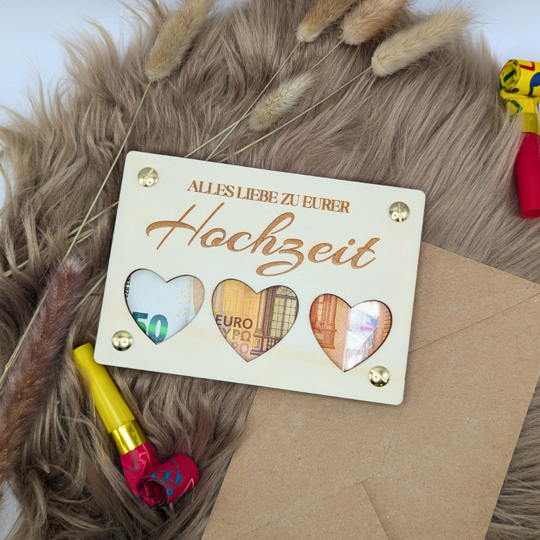 Personalisierte Hochzeitskarte aus Holz mit Herz-Design – Geldgeschenk oder Gutschein stilvoll verpackt – Geschenk zur Hochzeit