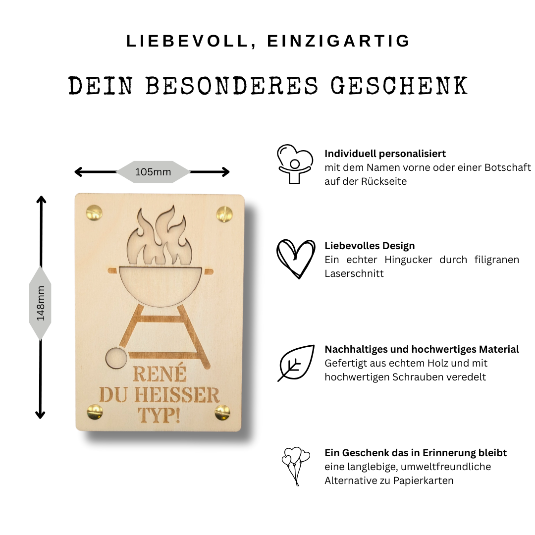 Personalisierte Grillkarte aus Holz – „Du heißer Typ!“ – Geldgeschenk für Männer, Grillfans, Vatertag oder Geburtstag
