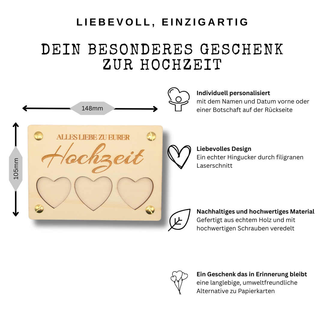 Personalisierte Hochzeitskarte aus Holz mit Herz-Design – Geldgeschenk oder Gutschein stilvoll verpackt – Geschenk zur Hochzeit