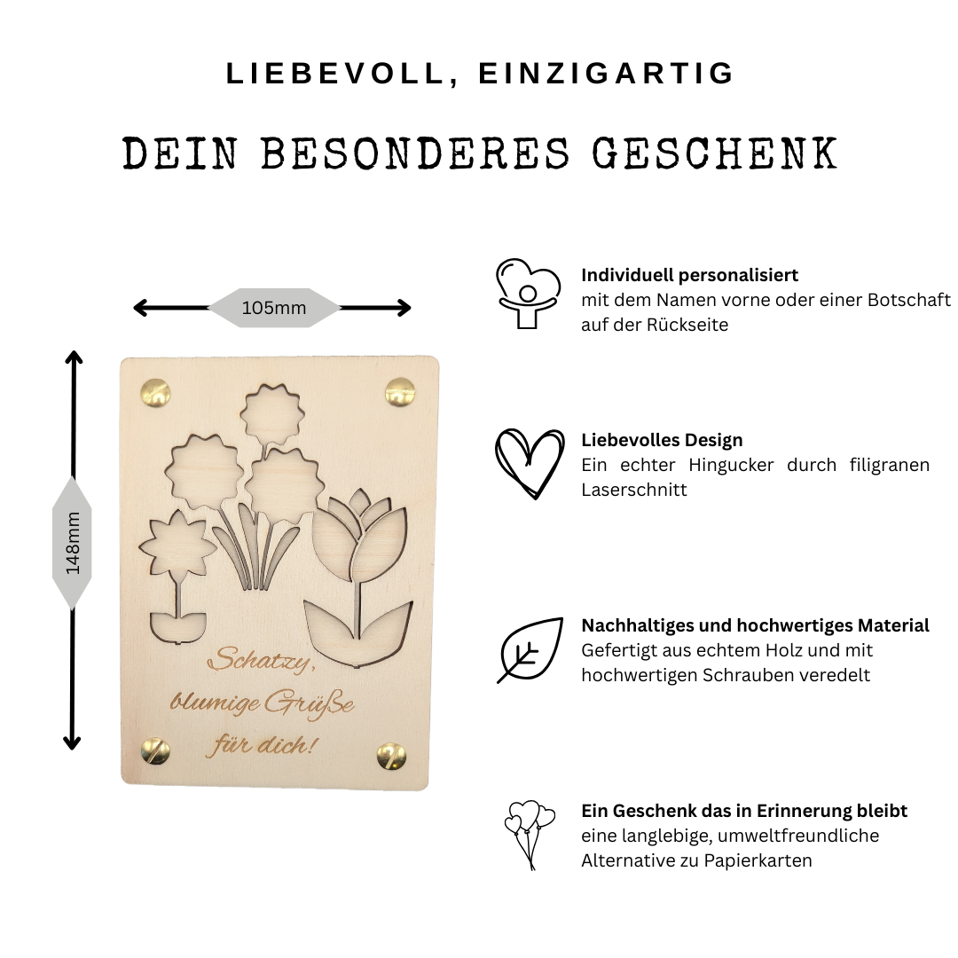 Personalisierte Holzkarte mit Blumenmotiv – Liebevolle Geldgeschenk-Karte „Schatzy, blumige Grüße“ – für Freundin, Frau, Mutter