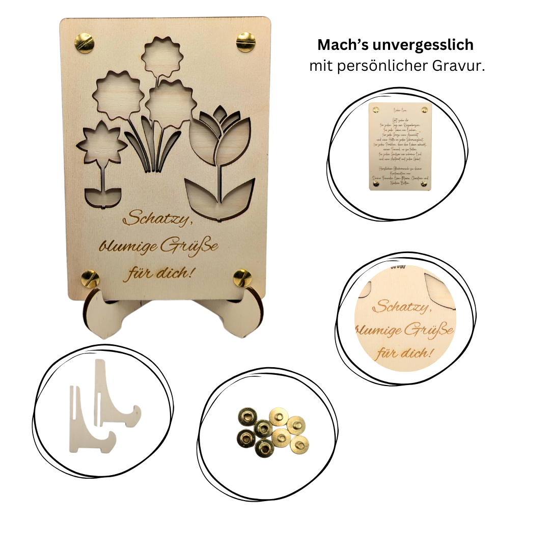 Personalisierte Holzkarte mit Blumenmotiv – Liebevolle Geldgeschenk-Karte „Schatzy, blumige Grüße“ – für Freundin, Frau, Mutter