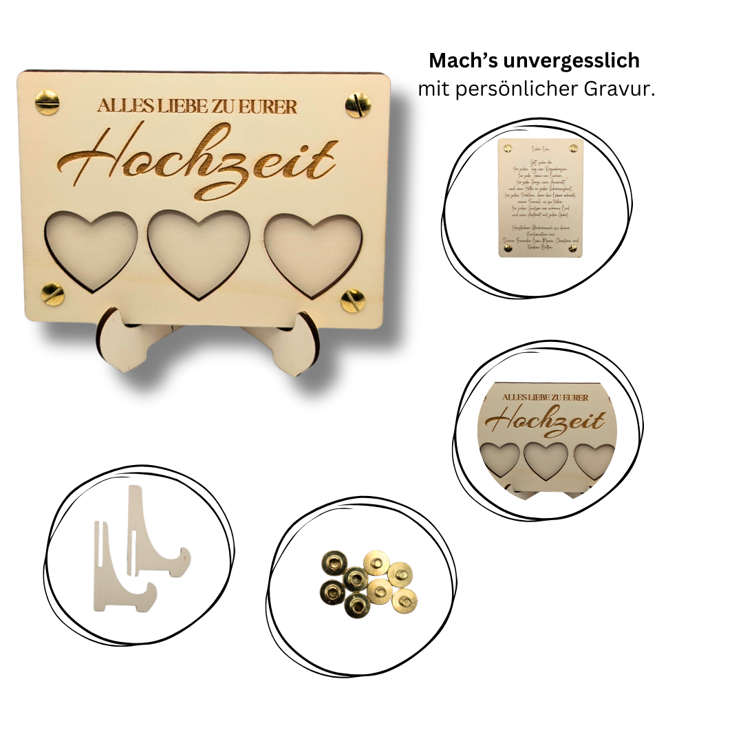 Personalisierte Hochzeitskarte aus Holz mit Herz-Design – Geldgeschenk oder Gutschein stilvoll verpackt – Geschenk zur Hochzeit