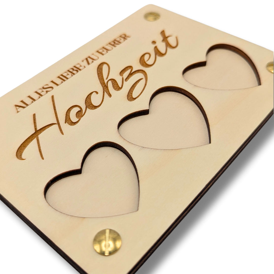 Personalisierte Hochzeitskarte aus Holz mit Herz-Design – Geldgeschenk oder Gutschein stilvoll verpackt – Geschenk zur Hochzeit