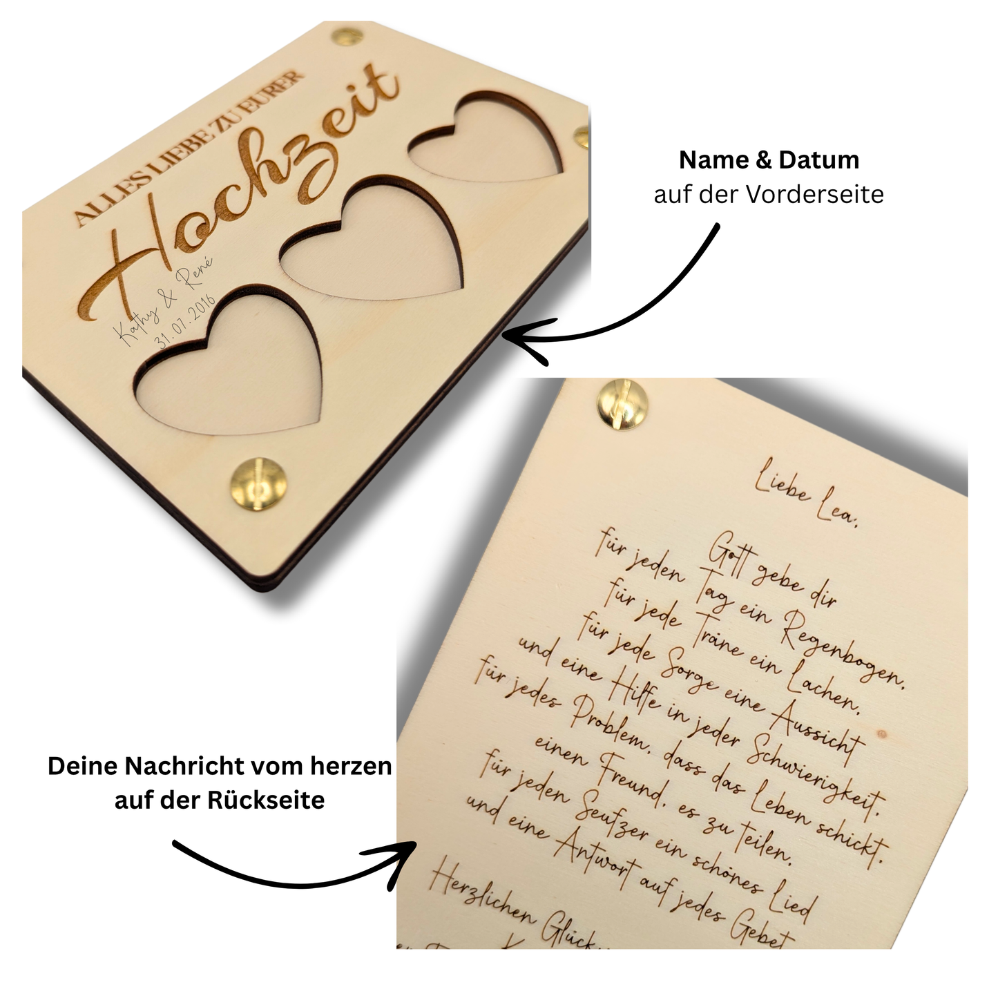 Personalisierte Hochzeitskarte aus Holz mit Herz-Design – Geldgeschenk oder Gutschein stilvoll verpackt – Geschenk zur Hochzeit